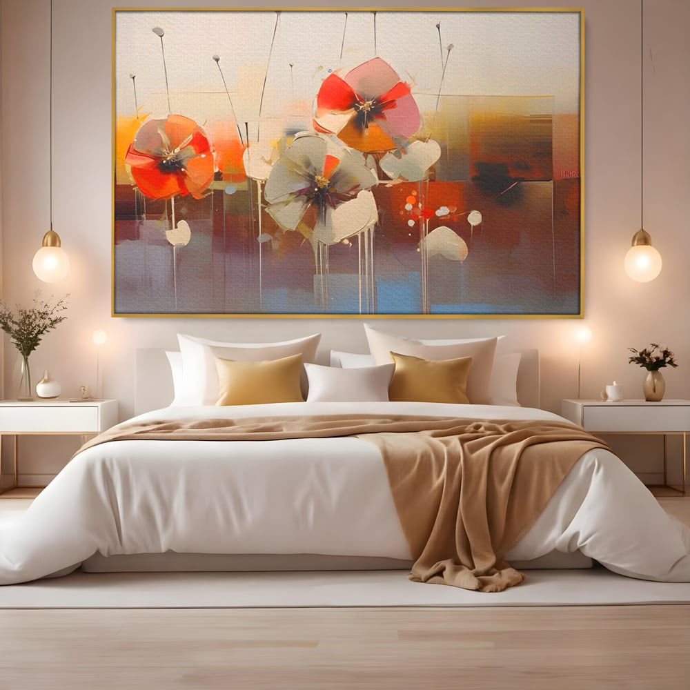 Tablou canvas cu tablou canvas cu pictura florala abstracta, in rama de aluminiu auriu, pe perete intr-un dormitor
